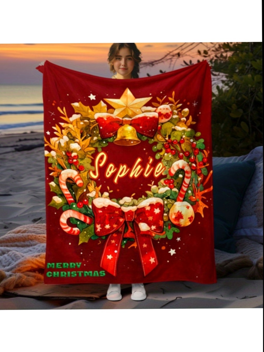 Item Picture 1 Christmas Wreath Name Blanket Soft Warm Flannel Sofa Blanket Bed Blanket Travel Blanket Personalised Digital Printing Durable Lightweight In Many Sizes 5b7148 2