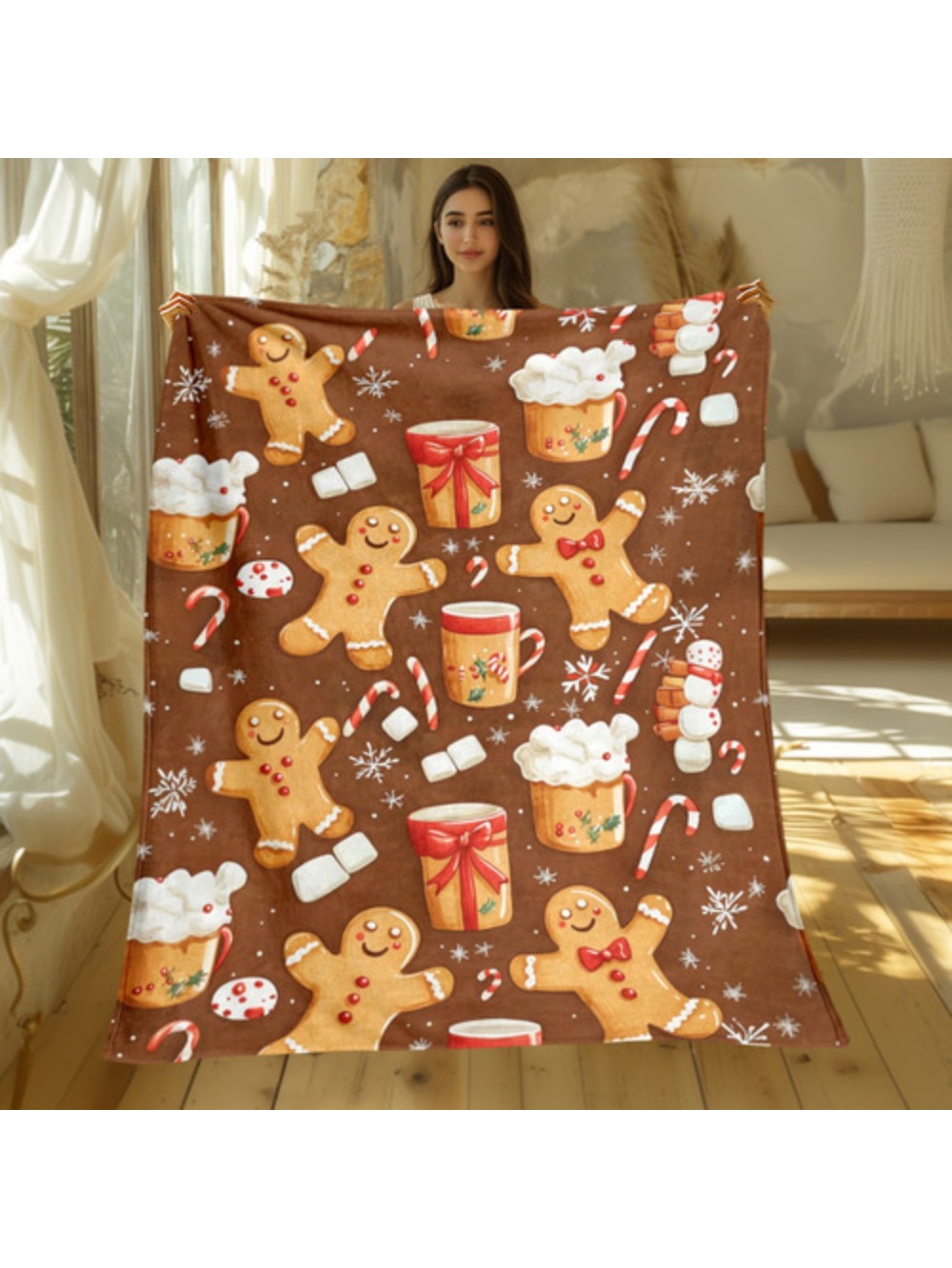1pc Christmas Gingerbread Throw Blanket Lightweight Flannel Like Soft Warm All Season Blanket With Gingerbread Men Candy Canes Gifts Brown Red White Holiday Decor For Couch Bed